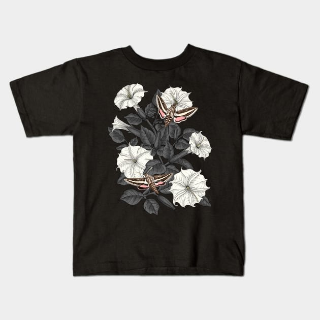 Moonflowers and sphinx moths Kids T-Shirt by katerinamk